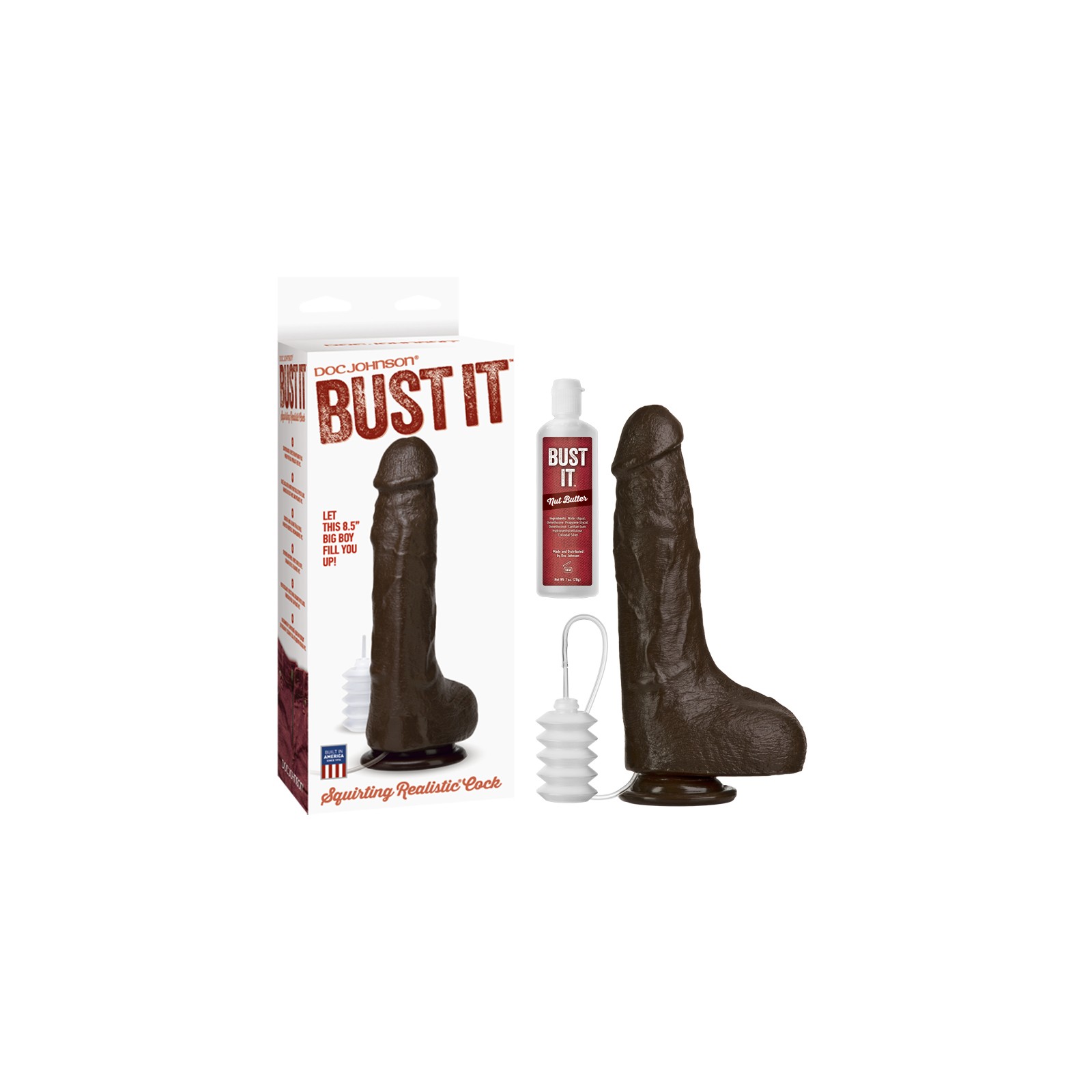 Bust It Squirting Realistic Cock Black w/1oz Nut Butter