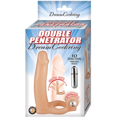 Double Penetrator Dream Cockring with 10 Function Bullet Waterproof Flesh