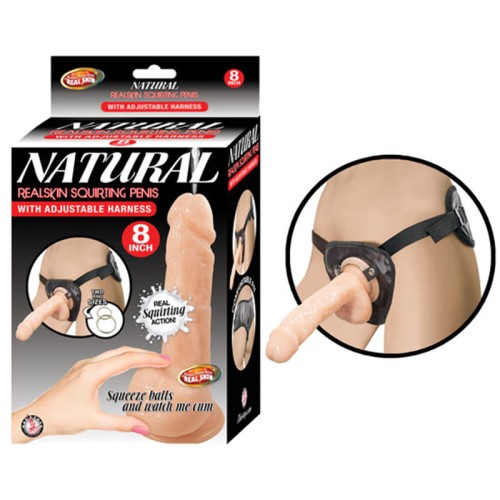 Natural Realskin Squirting Penis with Adjustable Harness 8in