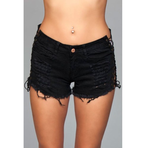 Trendy Denim Lace-Up Shorts in Black