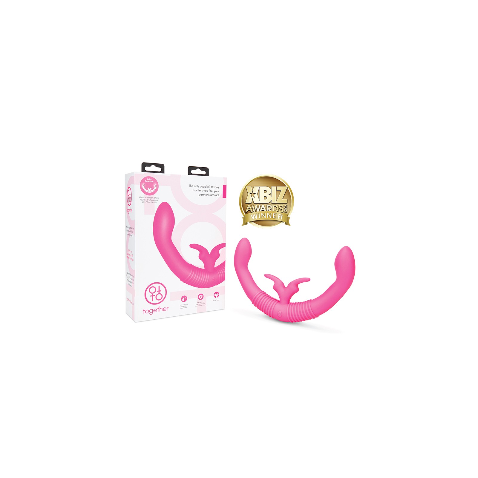 Together Couples Toy with Echo Function Rechargeable Silicone Dual Ended Rabbit Vibrator Pink