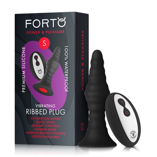 Forto Vibrating Ribbed Plug Rechargeable Remote-Controlled Silicone Anal Plug - Small Black