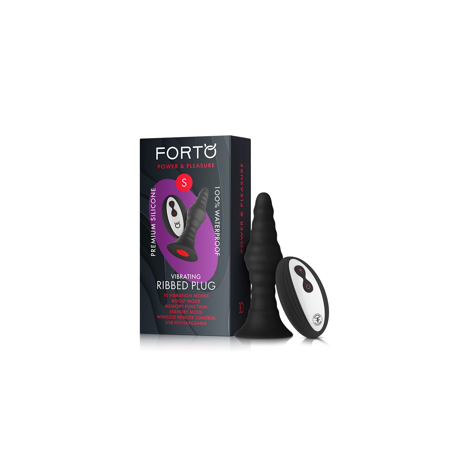 Forto Vibrating Ribbed Plug Rechargeable Remote-Controlled Silicone Anal Plug - Small Black