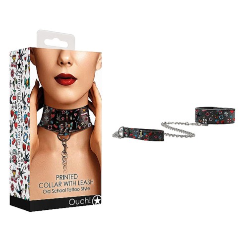 Ouch! Adjustable Tattoo Style Collar with Leash