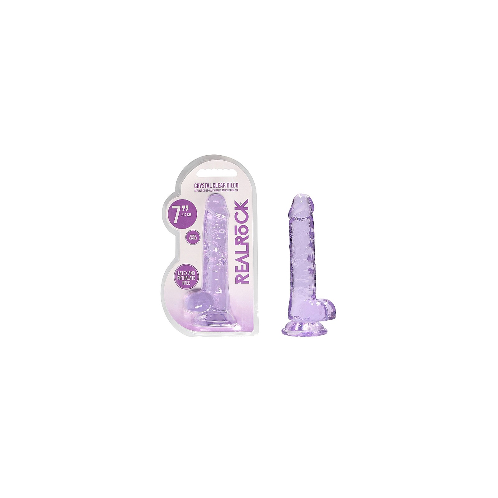 RealRock 7 in. Crystal Clear Dildo With Balls and Suction Cup Purple