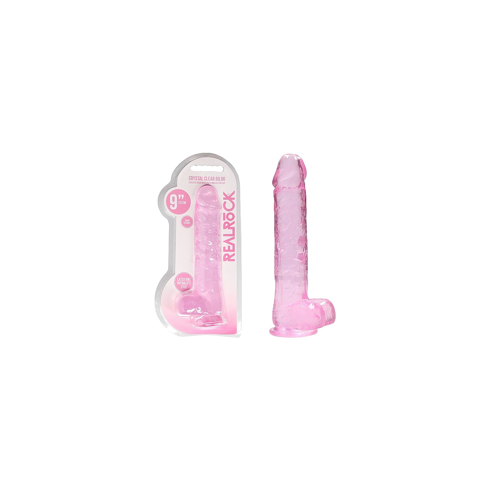 Dildo Realista de 9 in. RealRock Cristal Claro Rosa - Con Bolas