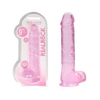 Dildo Realista de 9 in. RealRock Cristal Claro Rosa - Con Bolas