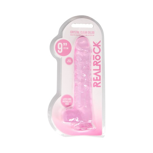 Dildo Realista de 9 in. RealRock Cristal Claro Rosa - Con Bolas