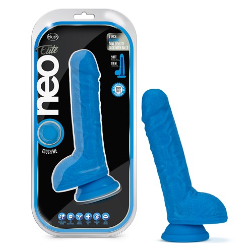 Neo Elite 9 in. Dual Density Dildo with Balls Neon Blue