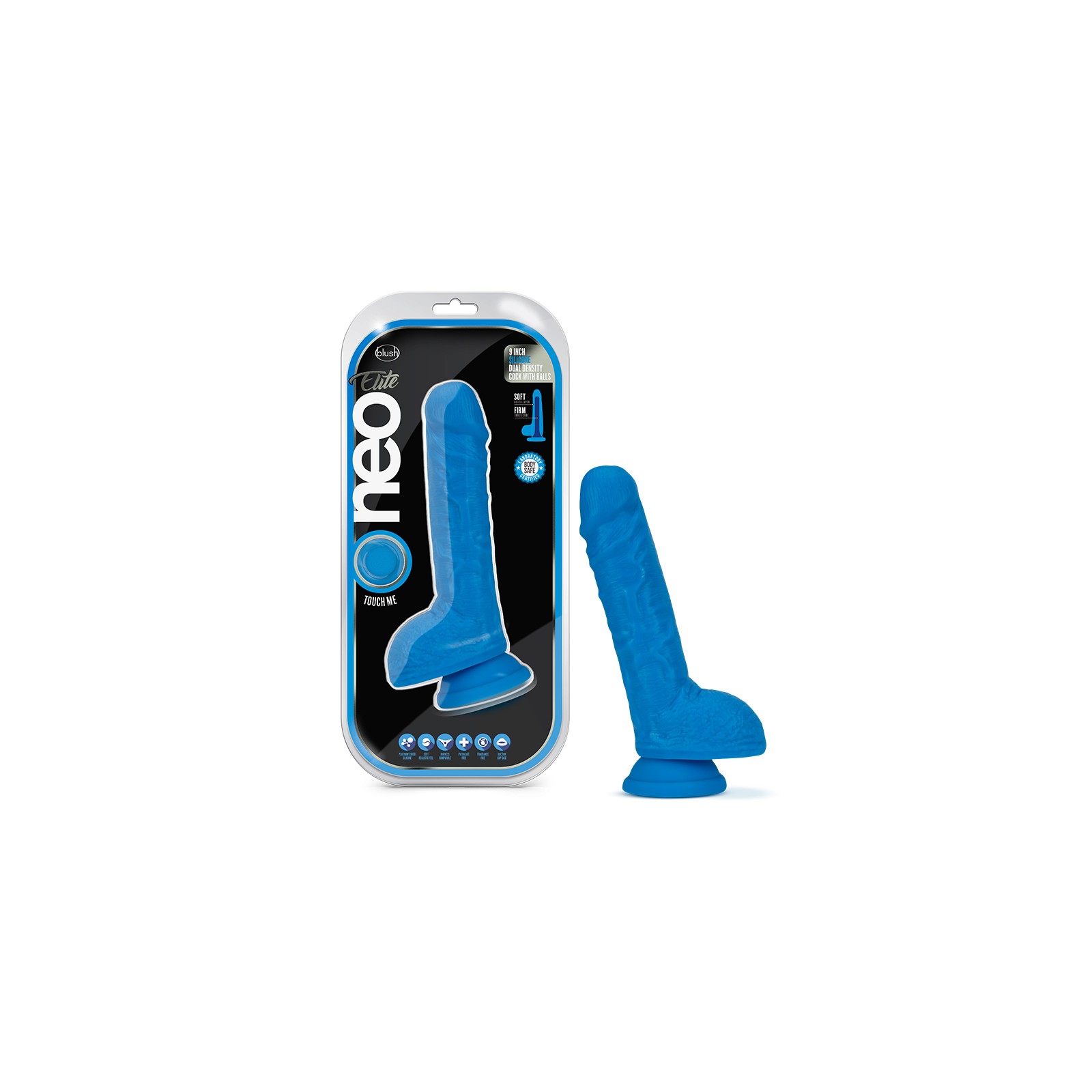 Neo Elite 9 in. Dual Density Dildo with Balls Neon Blue