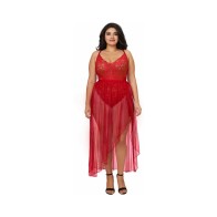 Dreamgirl Teddy and Sheer Mesh Maxi Skirt with G-String Rouge Queen 3X