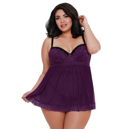 Babydoll de Encaje y Malla Stretch Dreamgirl Ciruela Reina 1X