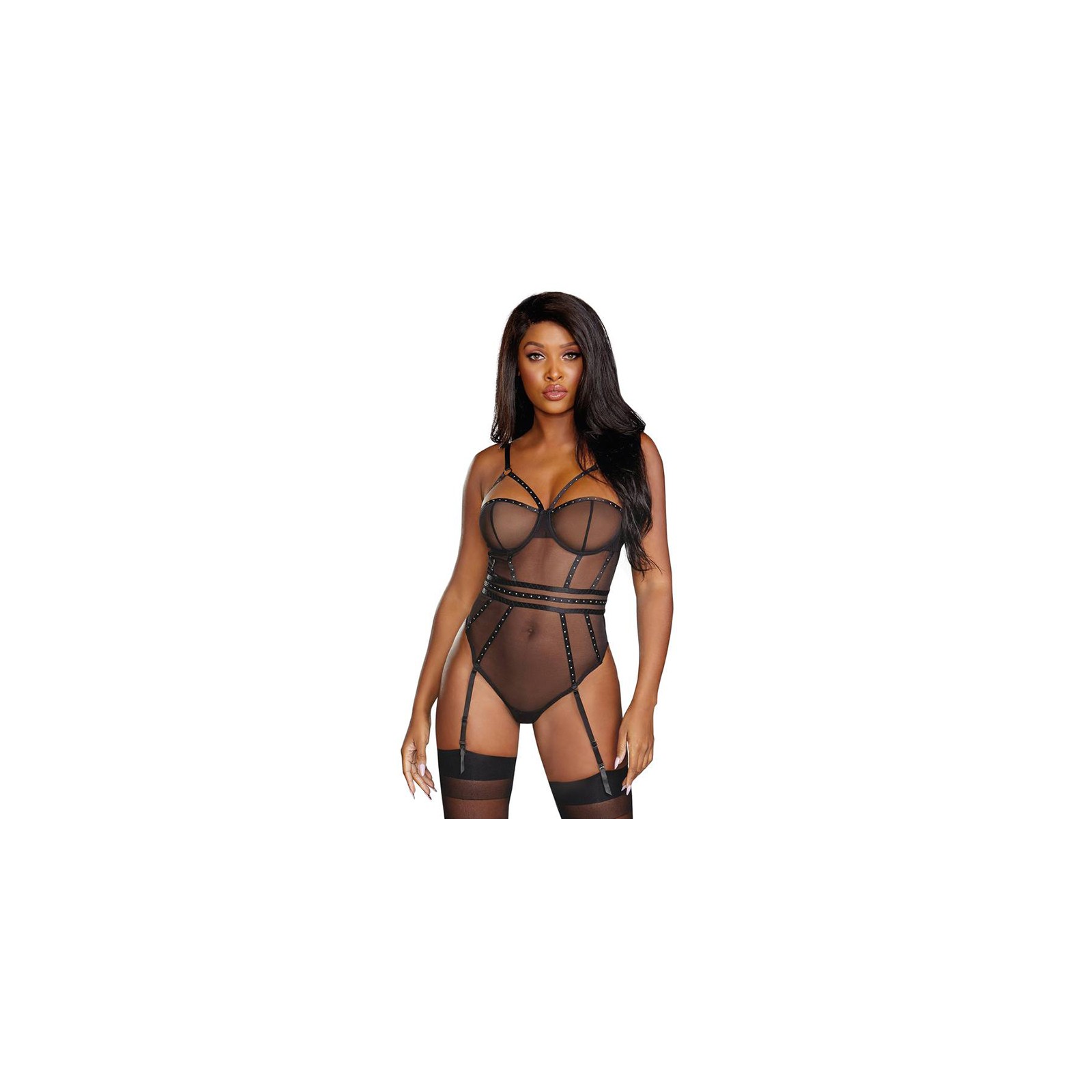 Dreamgirl Sheer Stretch Mesh Snap Crotch Teddy With Removable Garters Black Small