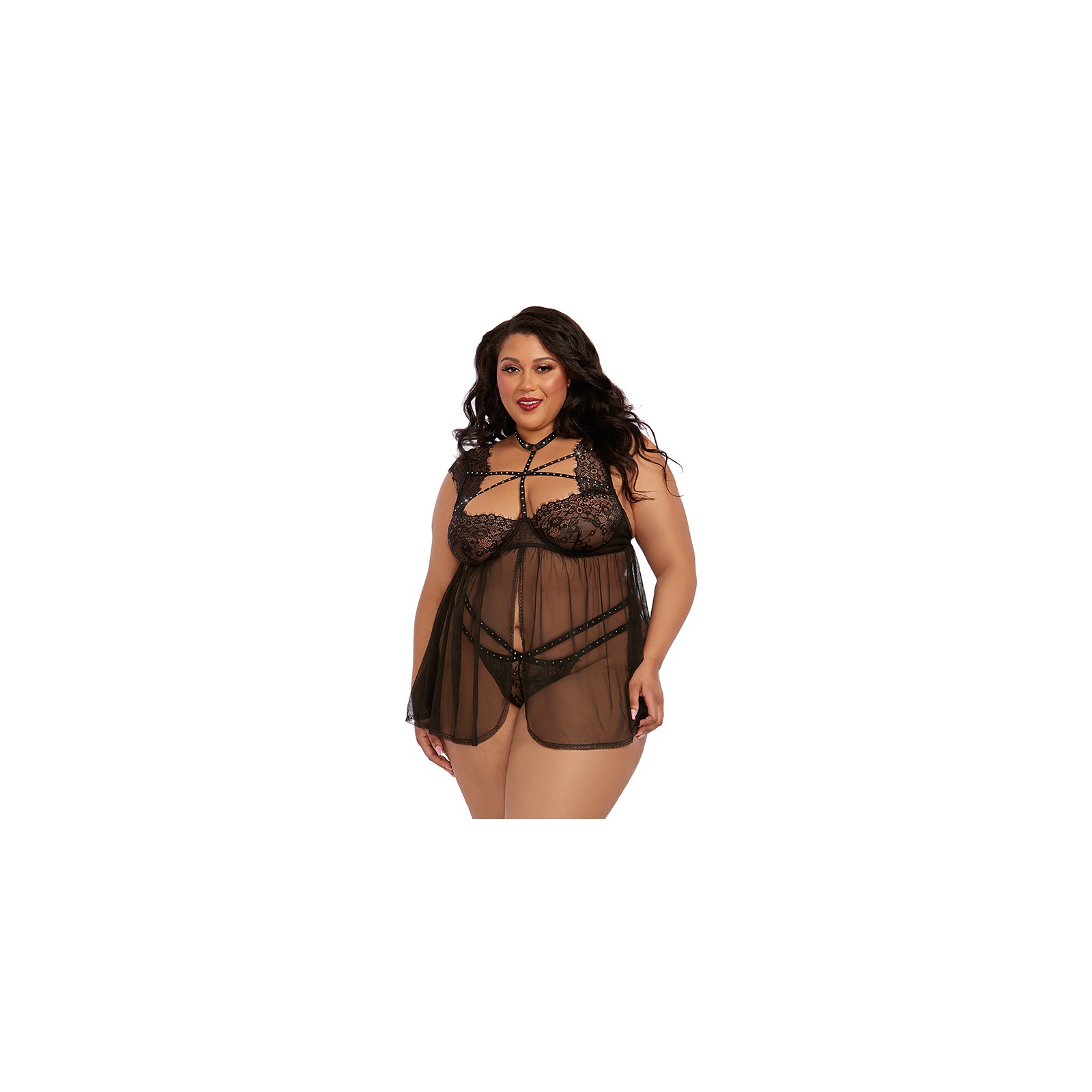 Babydoll de Encaje Talla Grande y Tanga Negra de Dreamgirl