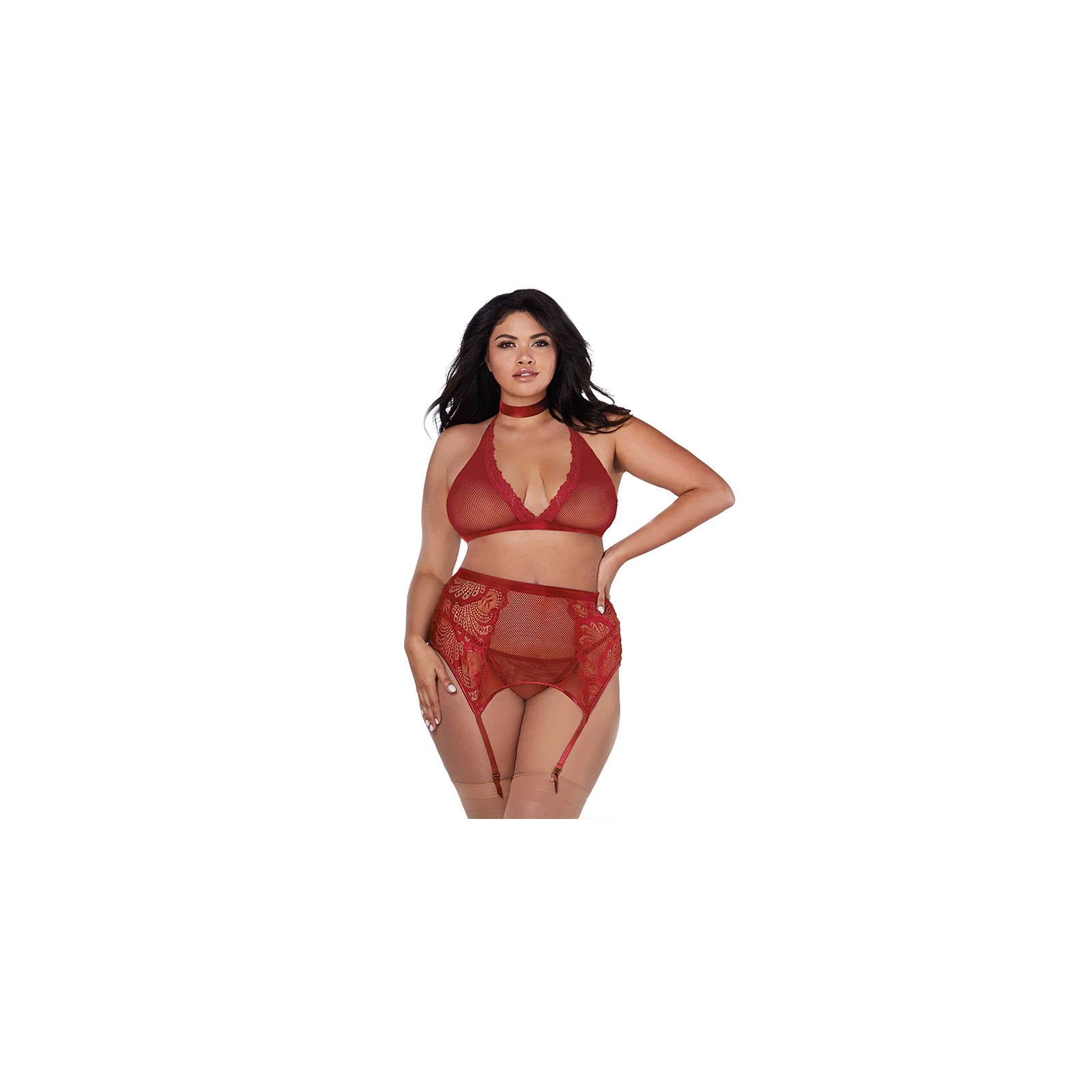 Dreamgirl Fishnet and Lace Four-Piece Set - Garnet Queen