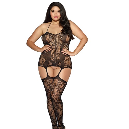 Dreamgirl Lace Fishnet Halter Garter Dress