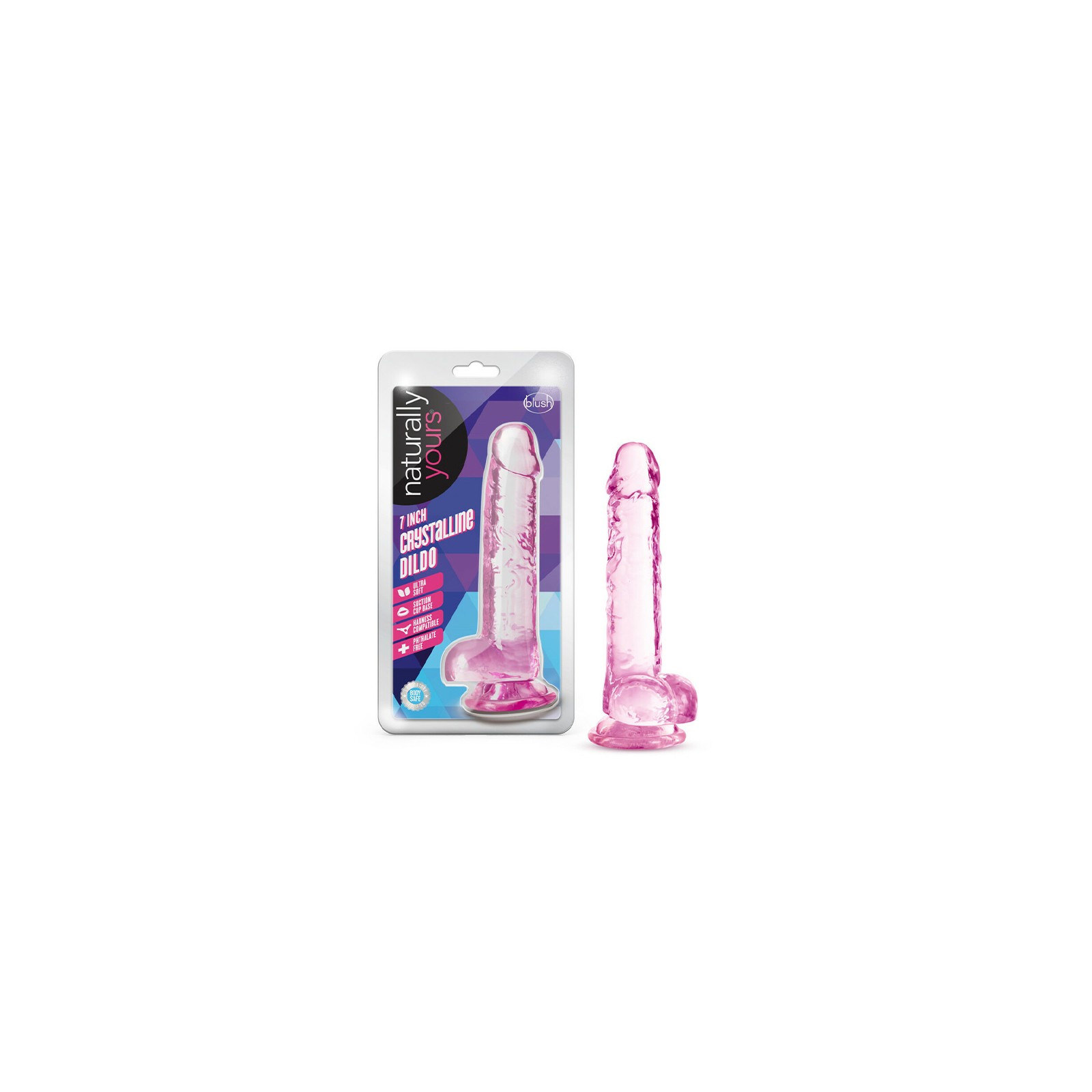 Dildo Cristalino 7" Naturally Yours con Bolas Rosa - Placer Absoluto