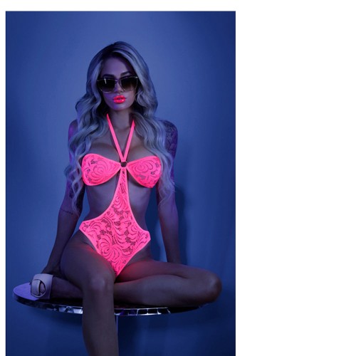 Fantasy Lingerie Glow Lace Bodysuit Neon Pink S/M