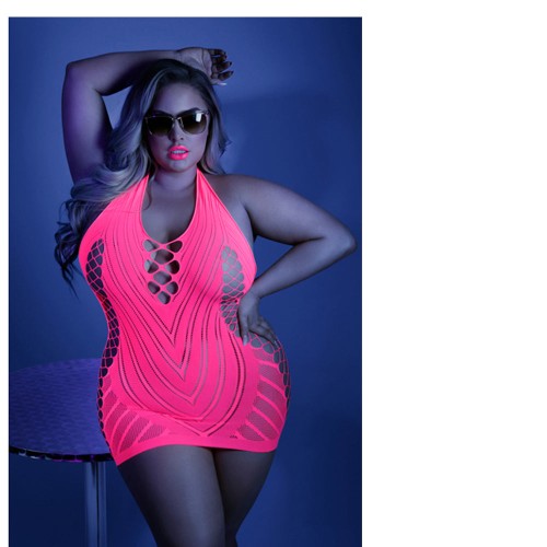 Fantasy Lingerie Neon Pink Net Halter Dress Plus Size