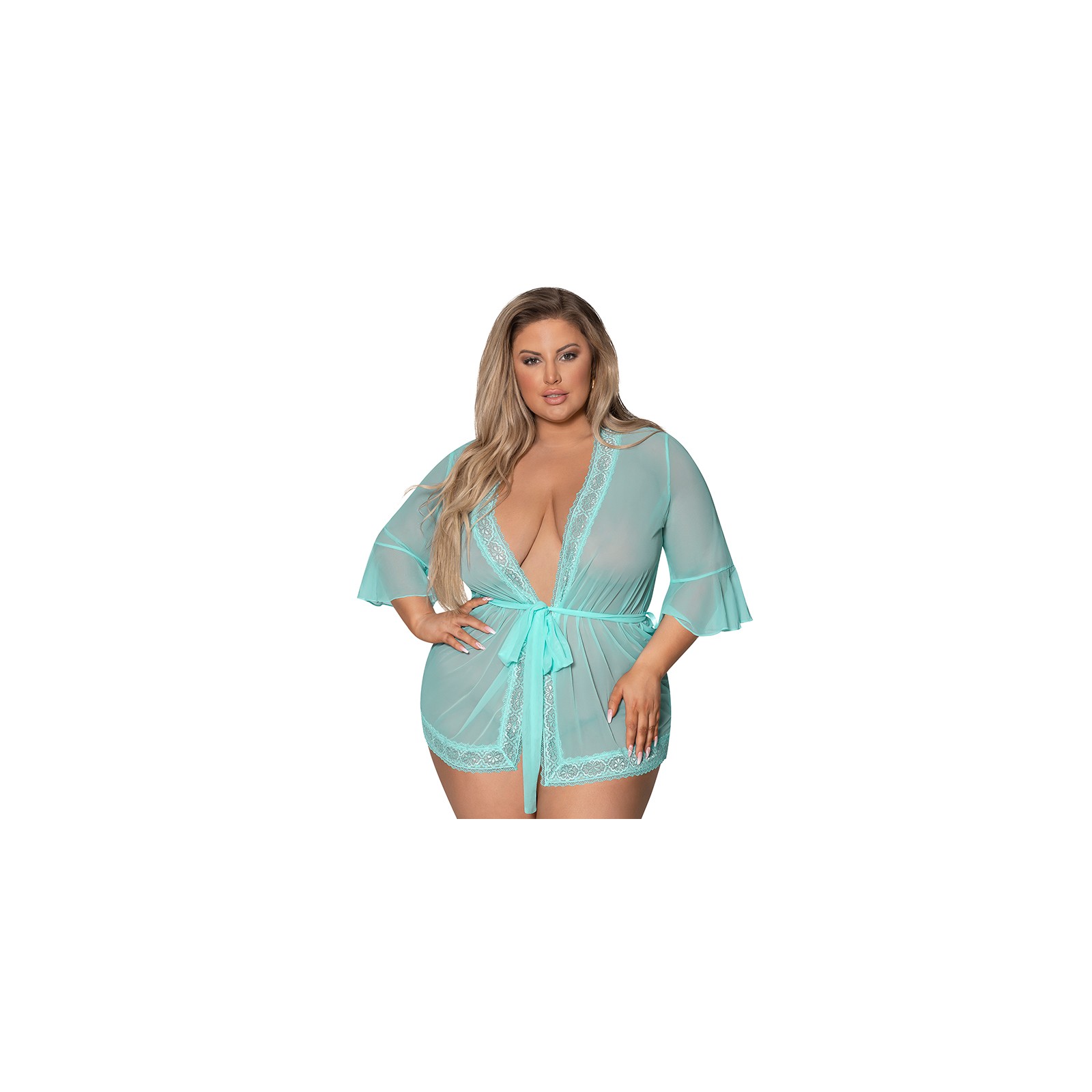 Magic Silk Seabreeze Robe with Lace Trim Turquoise Queen Size