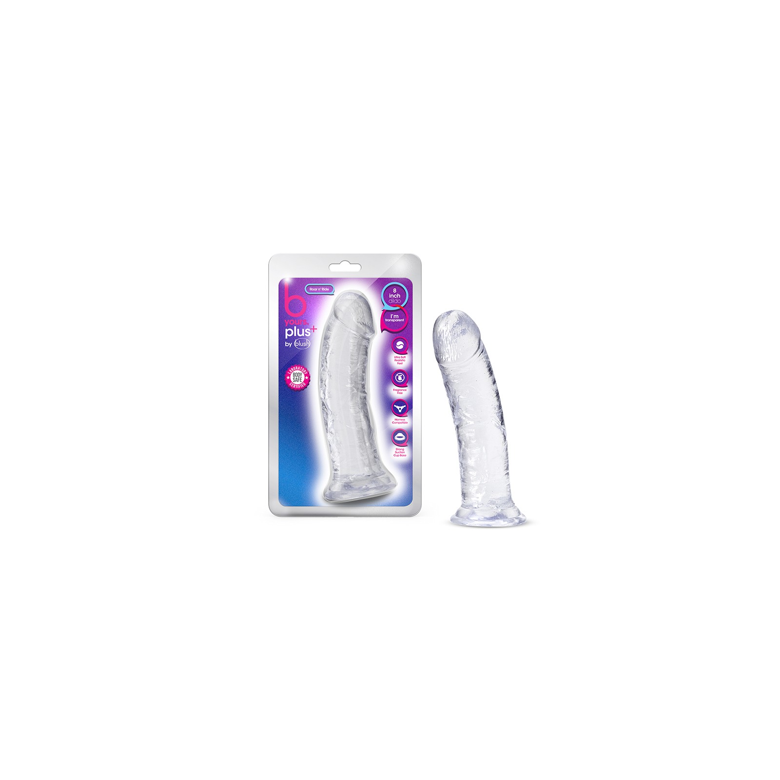 B Yours Plus Roar n Ride Clear Dildo 8 in - Sleek and Sensual