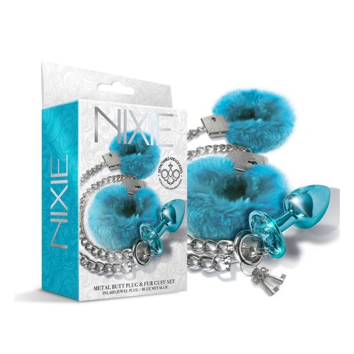 Nixie Metal Butt Plug & Furry Handcuff Set Medium - Blue Metallic