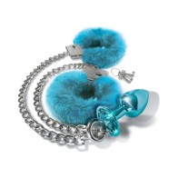 Nixie Metal Butt Plug & Furry Handcuff Set Medium - Blue Metallic