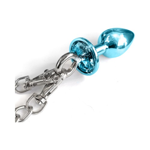 Nixie Metal Butt Plug & Furry Handcuff Set Medium - Blue Metallic