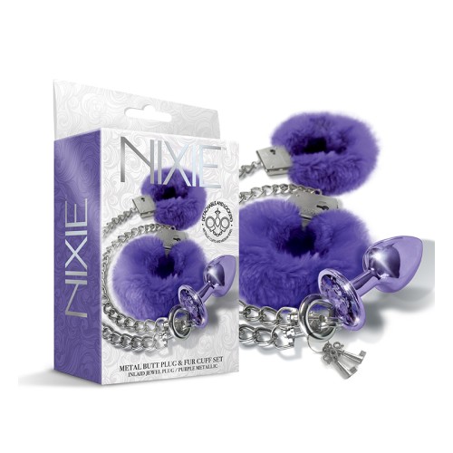 Set de Plug Anal Metálico y Grilletes de Piel Nixie Mediano Púrpura Metálico