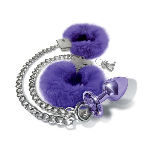 Nixie Metal Butt Plug & Furry Handcuff Set Medium Purple Metallic