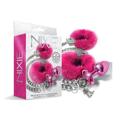 Set de Plug Anal Metálico Nixie y Esposas de Piel Falsa - Accesorio Juguetón de Bondage