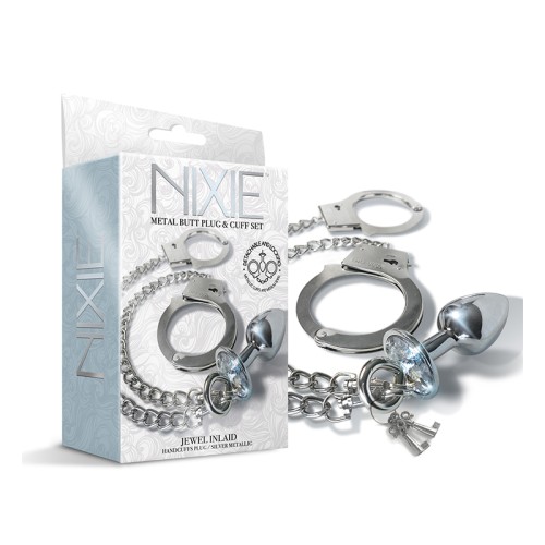 Nixie Metal Butt Plug and Handcuffs Set Silver