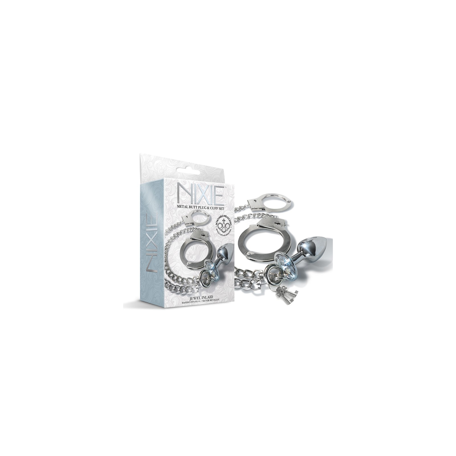 Nixie Metal Butt Plug and Handcuffs Set Silver