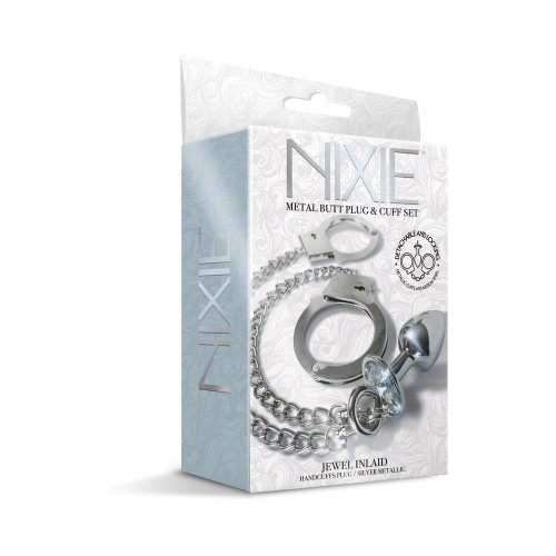 Nixie Metal Butt Plug and Handcuffs Set Silver