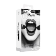 Gag de anillo de silicona blanco y negro ajustable para juego BDSM