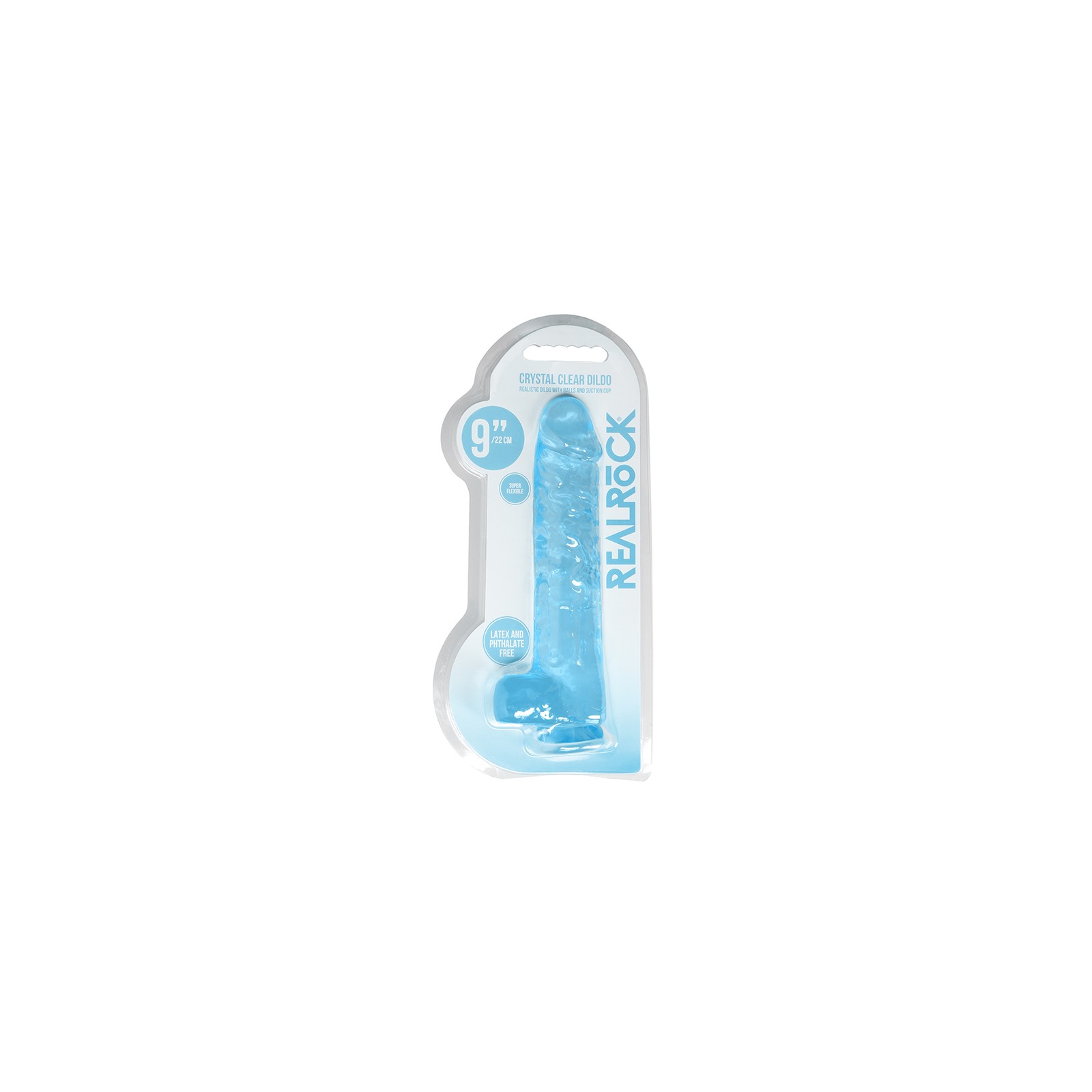 Dildo RealRock Crystal Clear Realista de 9 Pulgadas con Testículos y Ventosa Azul