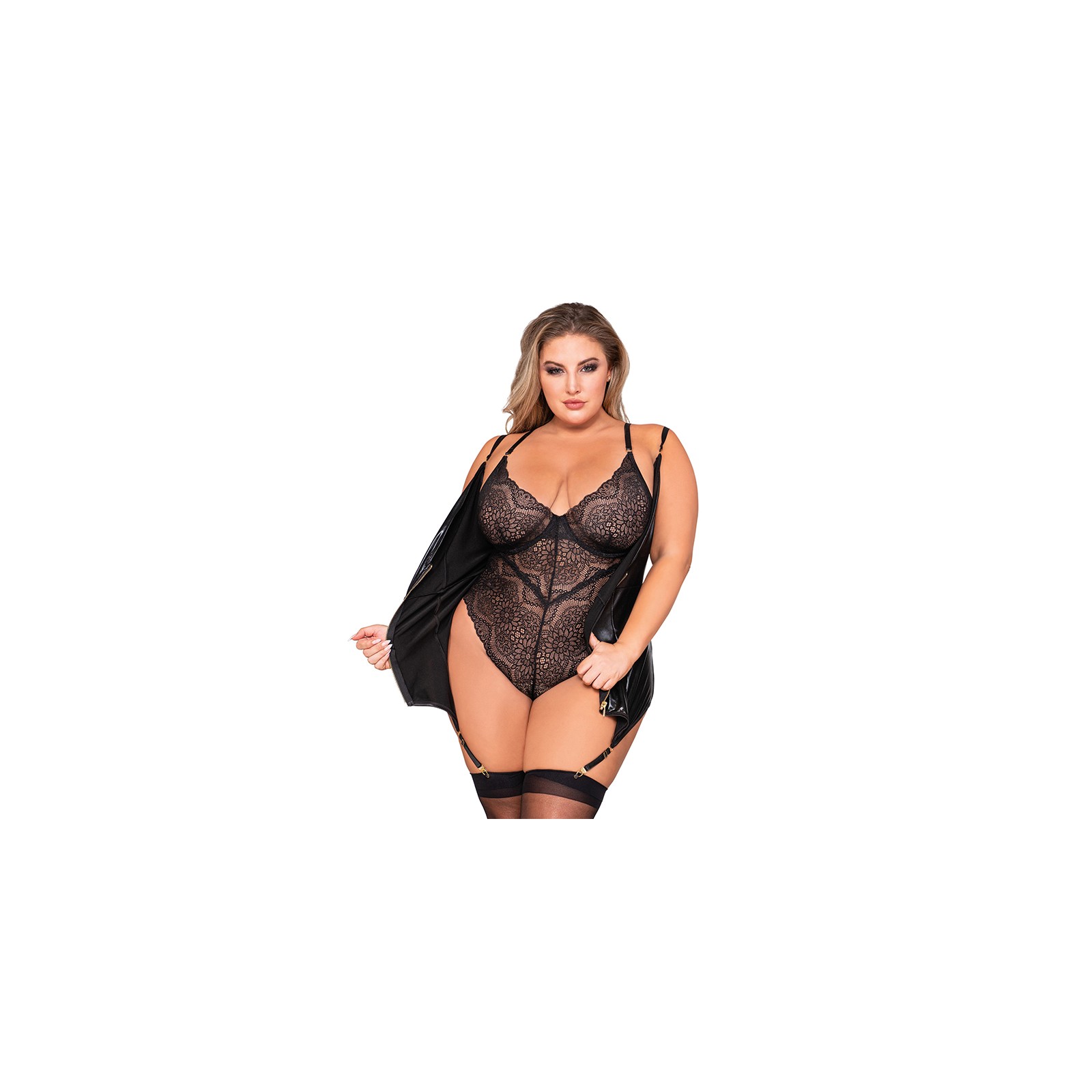 Dreamgirl Double-Layer-Front Teddy and Slip with Attached Garters Black 3X