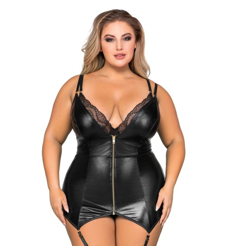 Dreamgirl Double-Layer-Front Teddy and Slip with Attached Garters Black 3X