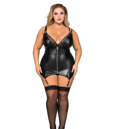 Dreamgirl Double-Layer-Front Teddy and Slip with Attached Garters Black 3X