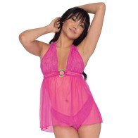 Dreamgirl Babydoll Sexy de Encaje y Malla - Rosa OS