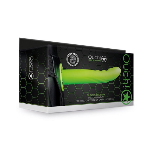 Ouch Textured Curved 8 in Glow in the Dark Hollow Strap-On Neon Green