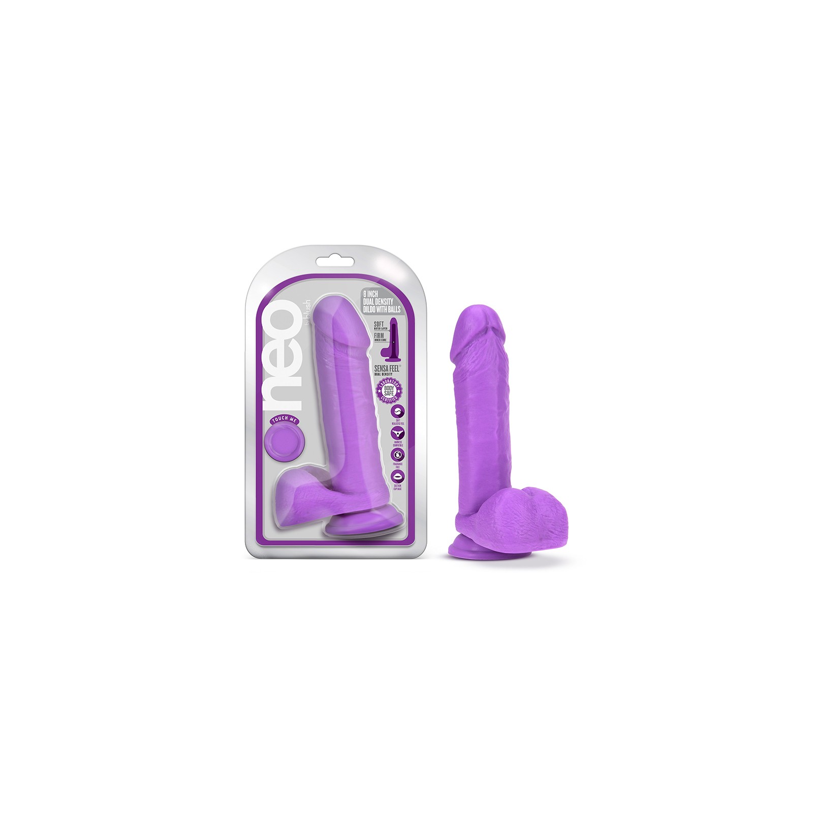 Neo Dildo de Densidad Dual de 8 in. con Bolas Púrpura Neón