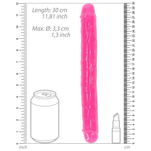 Dildo Doble que Brilla en la Oscuridad RealRock 12 in. Rosa Neón