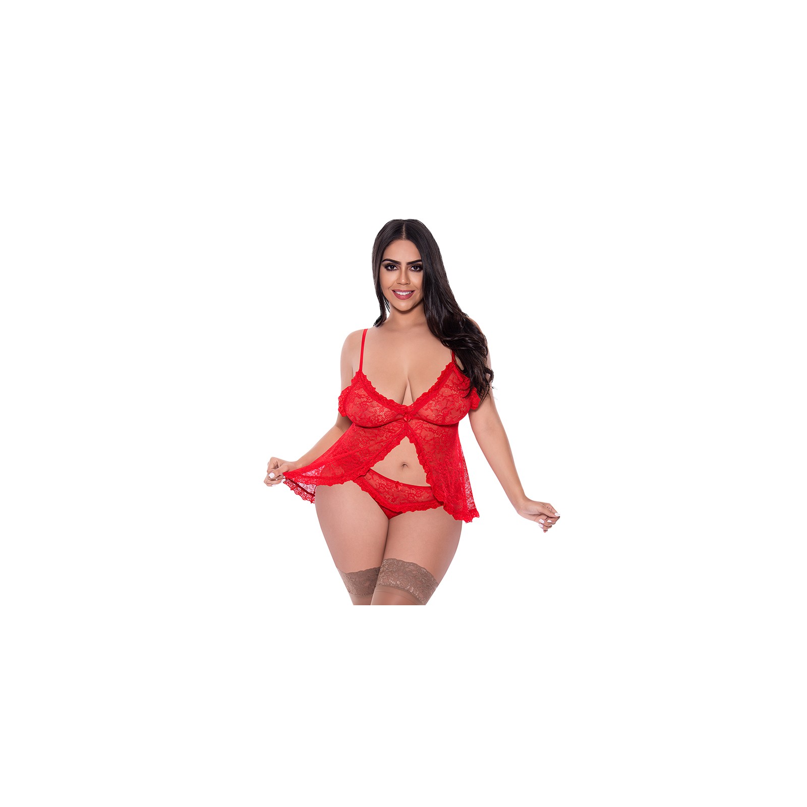 Babydoll de Encaje Ooh La y Conjunto de Bragas de Crotch Abierto Reinas Rojas de Magic Silk