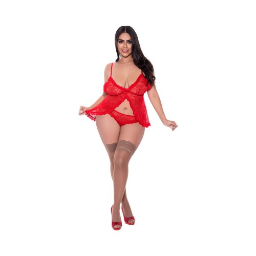 Babydoll de Encaje Ooh La y Conjunto de Bragas de Crotch Abierto Reinas Rojas de Magic Silk