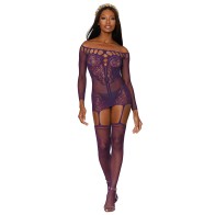 Dreamgirl Fishnet Lace Garter Dress with Stockings Aubergine