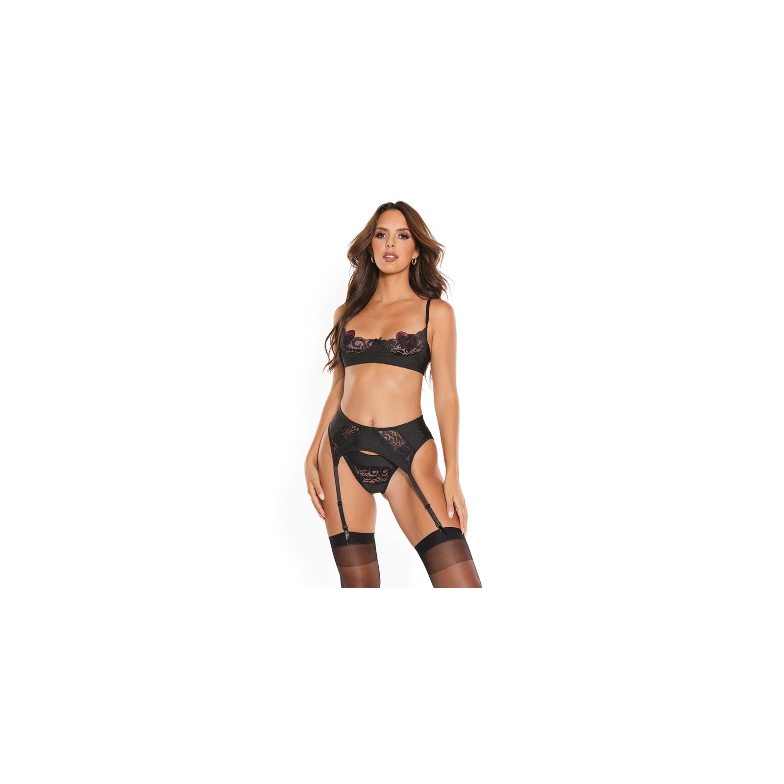 Conjunto de Sujetador, Liguero y Tanga de Encaje Coquette Negro M