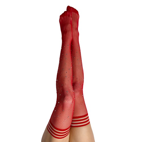 Kixies Rhinestone Fishnet Thigh-Highs - Red