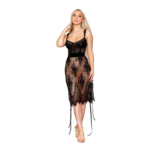 Dreamgirl Floral Lace and Stretch Velvet Slip Chemise in Black S