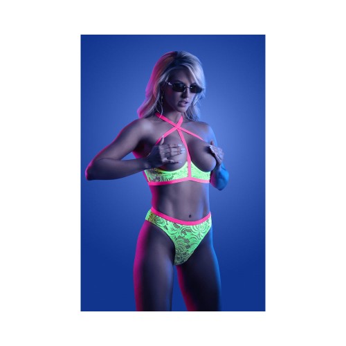 Fantasy Lingerie Glow Persuasive Open Cup Cage Bra & Panty Set Neon Green M/L